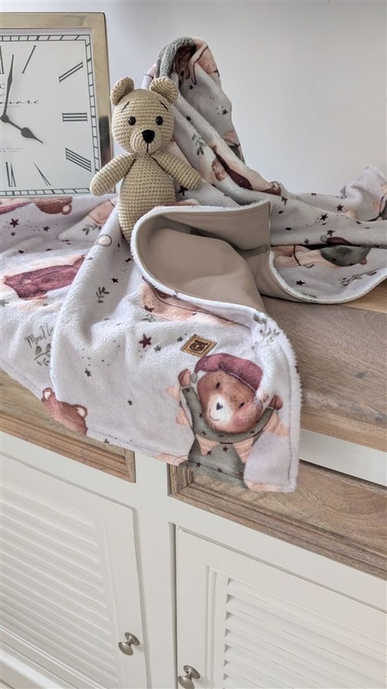 MimiNu, NewMinky, kocyk, miś na księżycu + beż, 60-70 cm