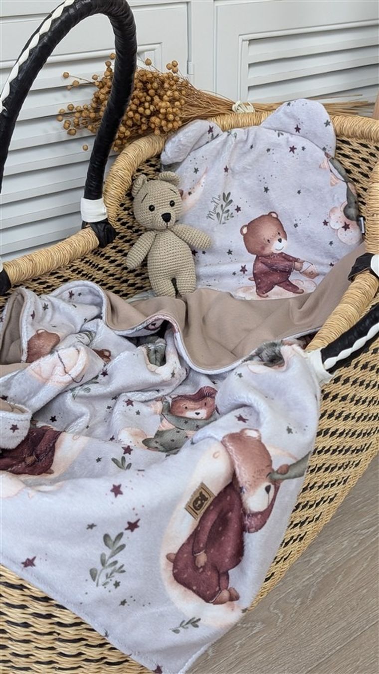 MimiNu, NewMinky, Teddy, poduszeczka płaska, miś na księżycu + beż, 30 cm
