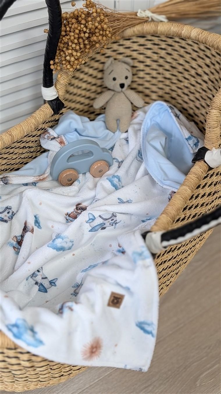 MimiNu, NewMinky, Teddy, poduszeczka płaska, misie błękit + baby blue, 30 cm