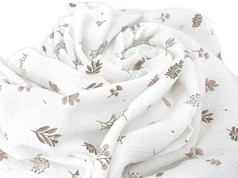 MimiNu, pielucha muślinowa, otulacz, listki beż, 120-120 cm