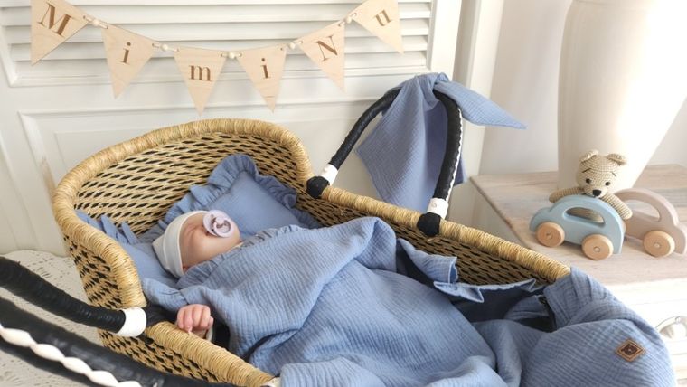 MimiNu, szmatka sensoryczna muślinowa, jeans, 30-30 cm