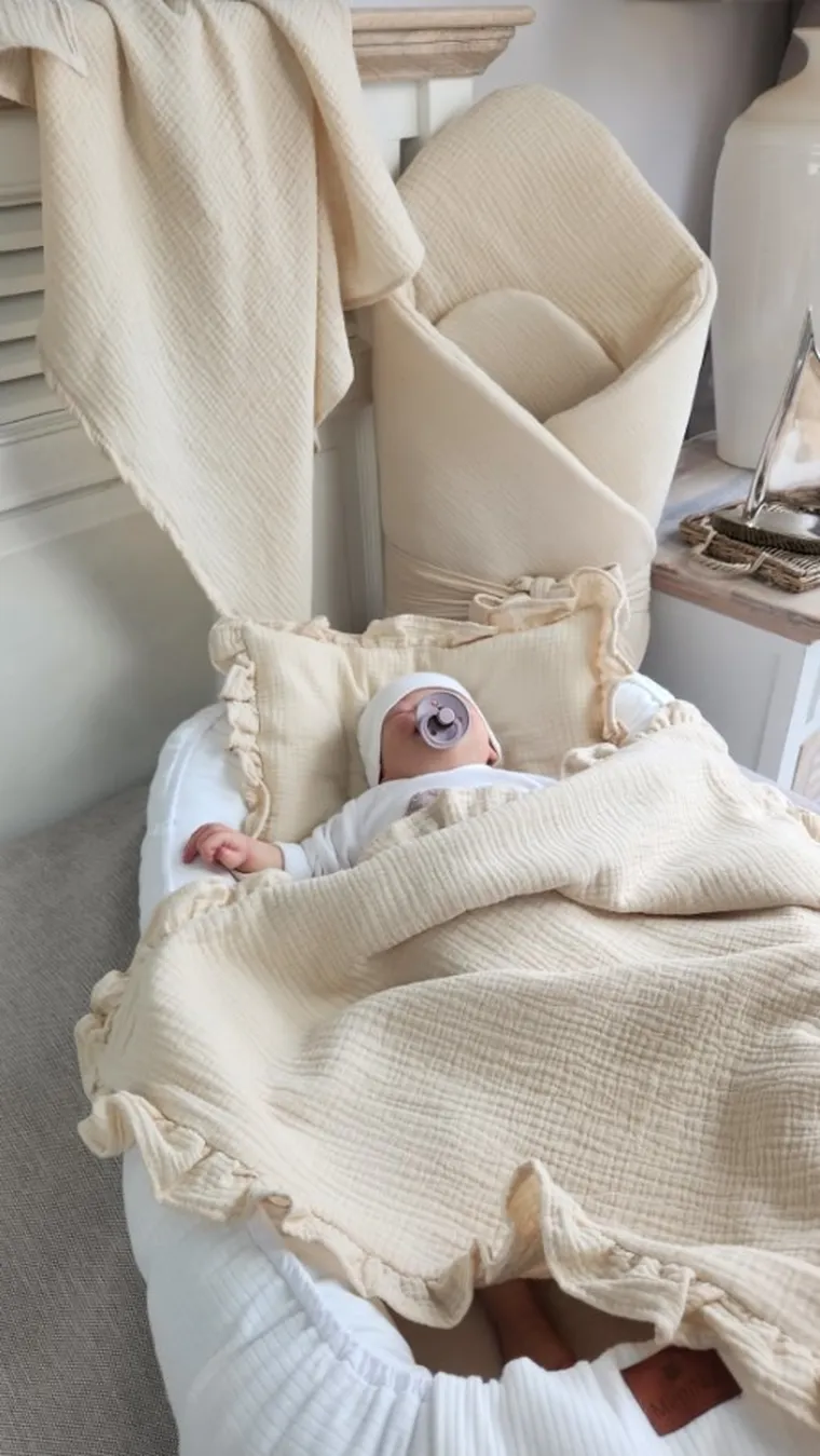 MimiNu, zestaw: muślinowy kocyk i poduszka z poszewką, ciepły beż