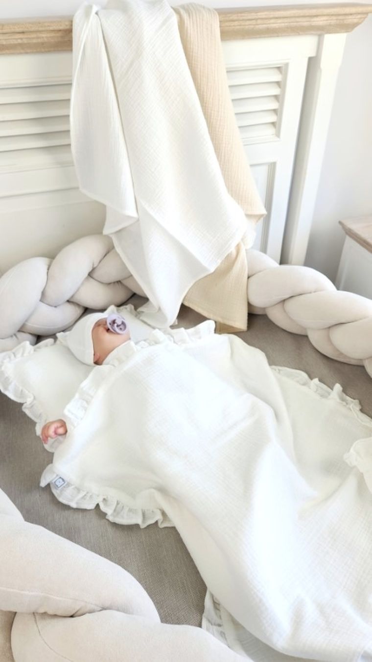 MimiNu, zestaw: muślinowy kocyk i poduszka z poszewką, śmietanka