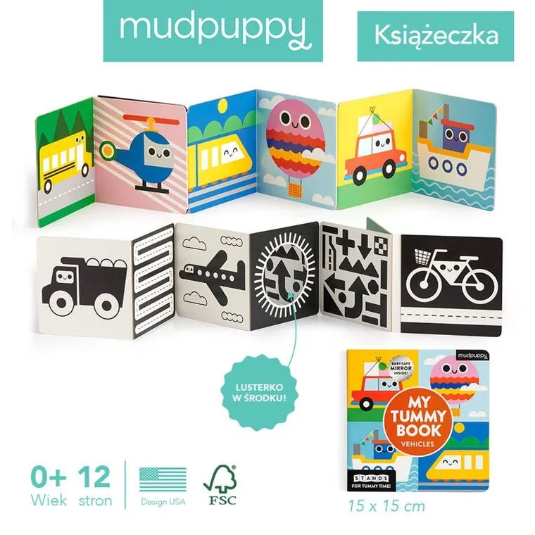 Mudpuppy, dwustronna kontrastowa książeczka harmonijka, pojazdy