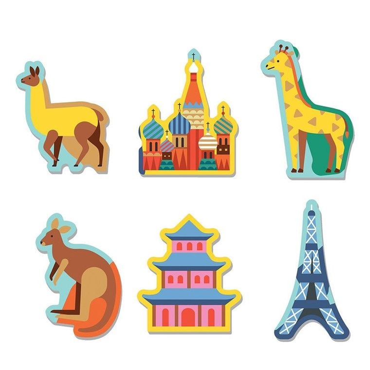 Mudpuppy, Mapa Świata, puzzle z elementami w kształcie budynków i zwierząt, 78 elementów