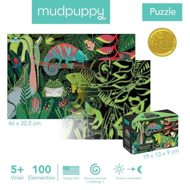 Mudpuppy, żaby i jaszczurki, puzzle świecące w ciemności, 100 elementów