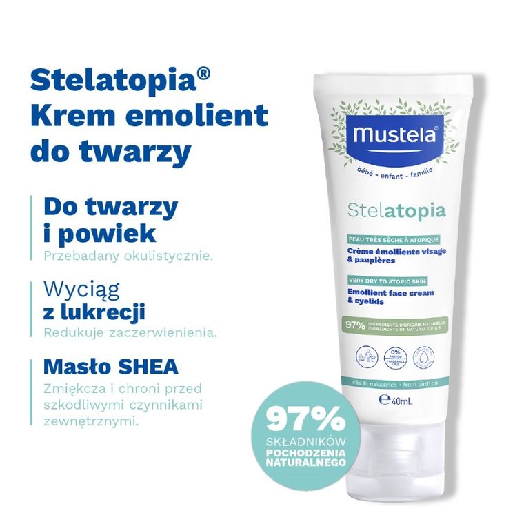 Mustela, Stelatopia Emollient Face Cream, odbudowujący krem do twarzy, 40 ml