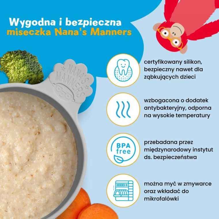 Nana's Manners, miska silikonowa z przyssawką i uchwytem, szara