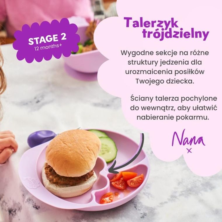 Nana's Manners, talerz silikonowy, trójdzielny z przyssawką, fioletowy
