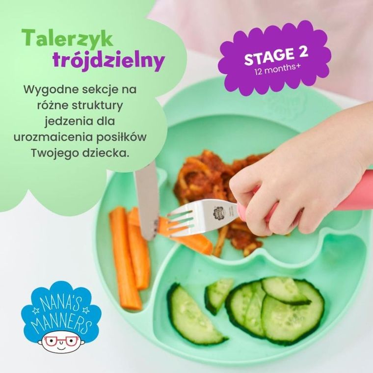 Nana's Manners, talerz silikonowy, trójdzielny z przyssawką, zielony