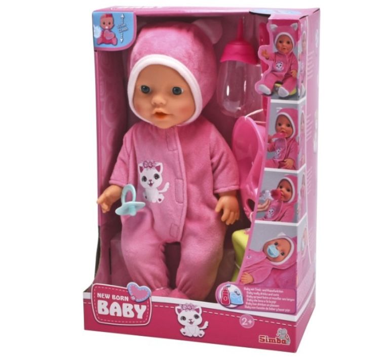 New Born Baby, lalka bobas w kociej piżamce z akcesoriami, 30 cm