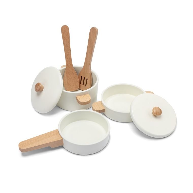 New Classic Toys, Woet, drewniany zestaw patelni i garnków, biały