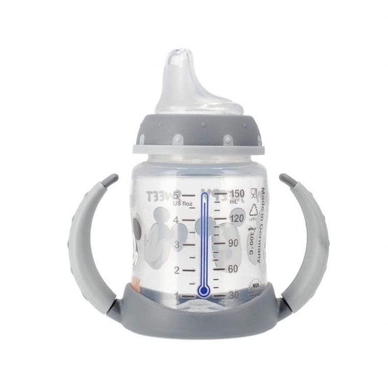 Nuk, First, Myszka Miki, butelka z uchwytem, smoczek lateksowy, 6m+, popiel, 150 ml