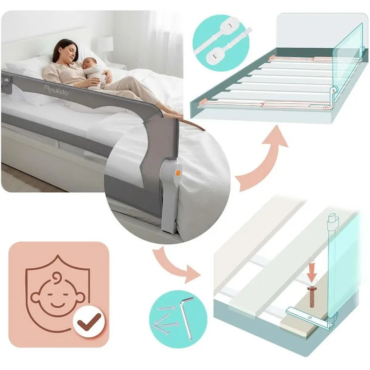 Nukido, barierka ochronna do łóżka, szara, 200 cm
