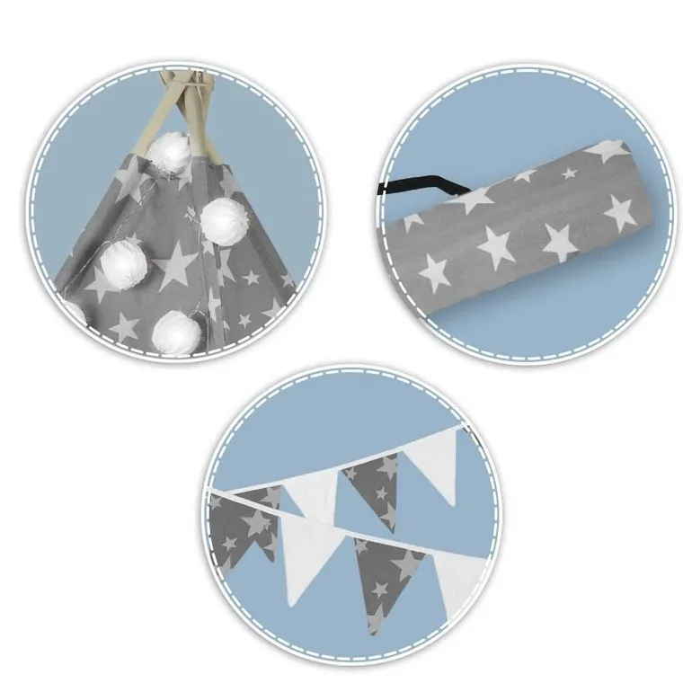 Nukido, namiot tipi dla dzieci z girlandą i światełkami, szary w gwiazdki