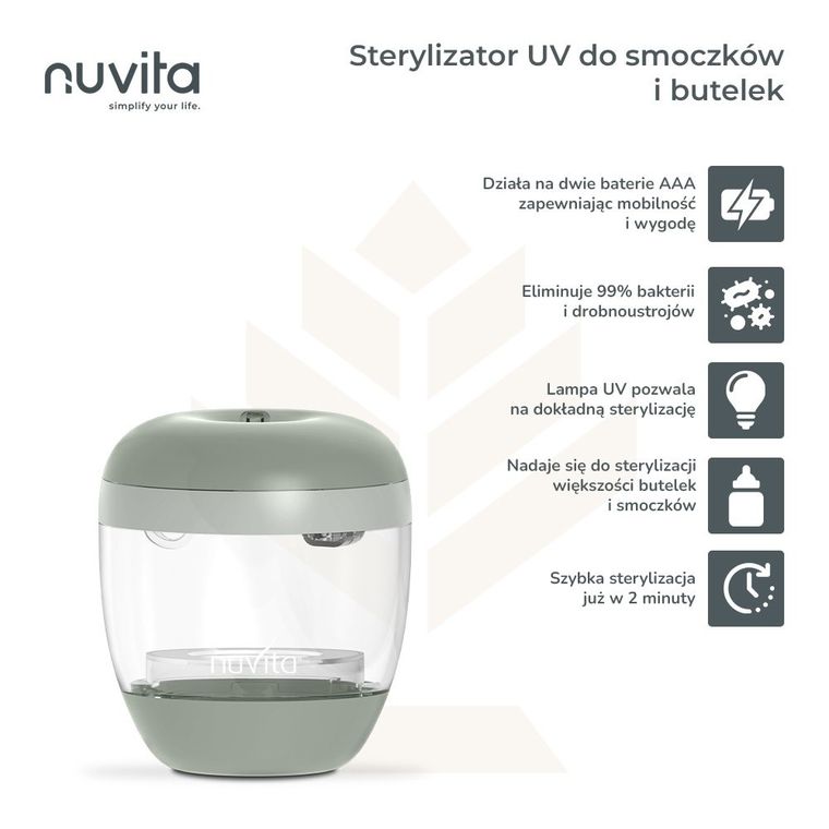 Nuvita, sterylizator UV do smoczków i butelek, przenośny, sage green