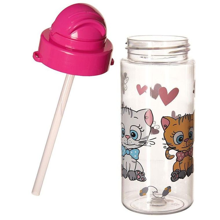 Orion, bidon zamykany ze słomką i paskiem, różowa, kotki, Tritan, 490 ml