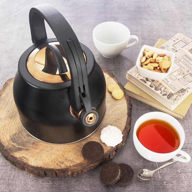 Orion, czajnik z gwizdkiem, stalowy, czarny złoty, 3 l