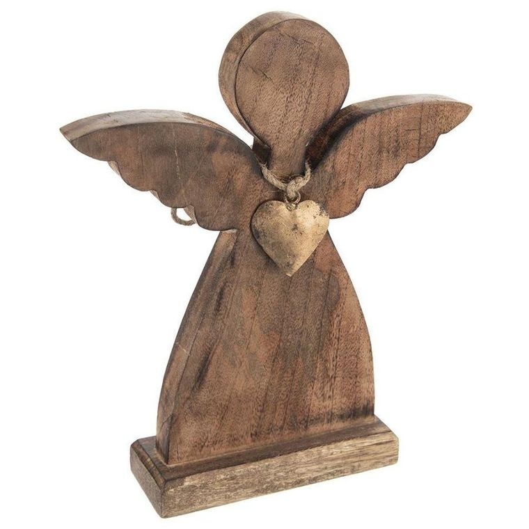 Orion, drewniana figurka anioła, z metalowym złotym sercem, 27-30 cm