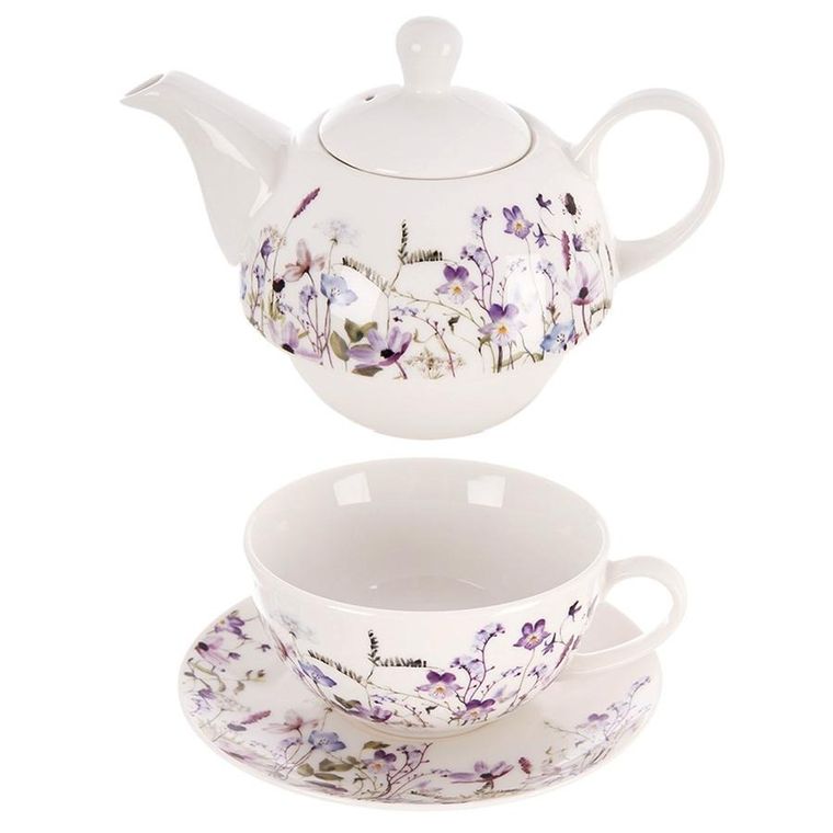 Orion, Louka, dzbanek z filiżanką do herbaty, porcelanowy, kwiaty, 3 elementy