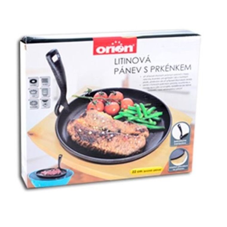 Orion, patelnia żeliwna, talerz żeliwny z deską, 22 cm