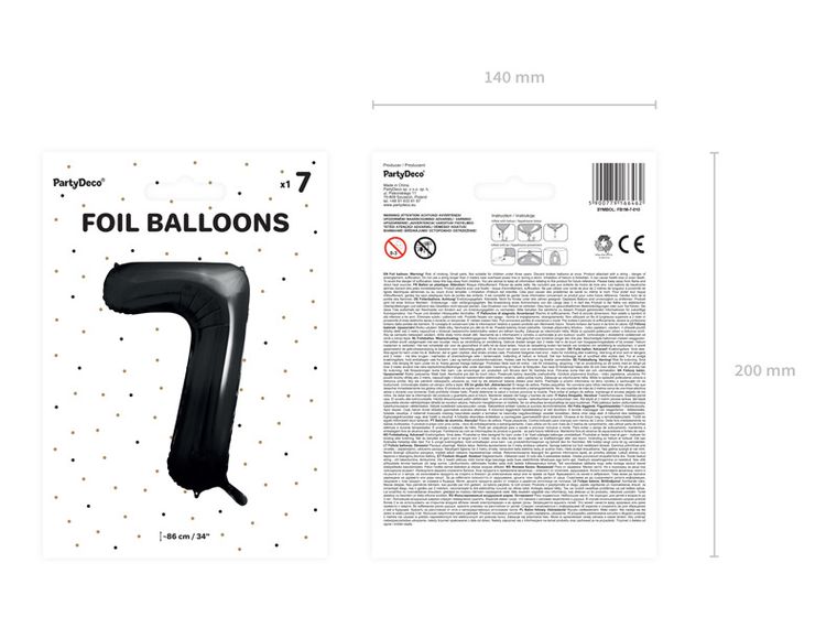 PartyDeco, balon foliowy, cyfra "7", 86 cm, czarny, 1 szt.