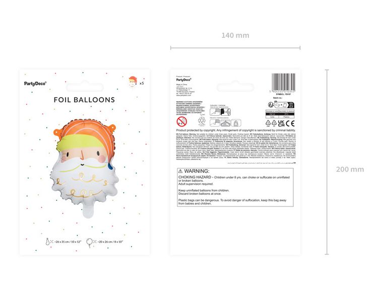 PartyDeco, balon foliowy Mikołaj, 26-31 cm, mix, 5 szt.