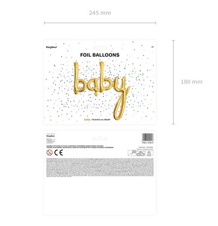 PartyDeco, balon foliowy, napis baby, dekoracje dla dziecka, złoty, 73,5-75,5 cm