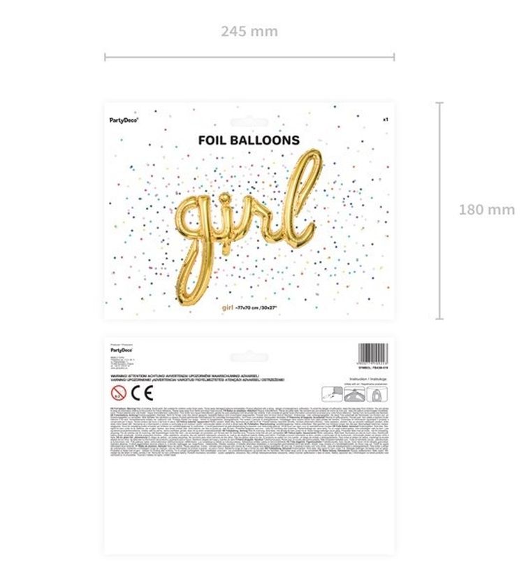 PartyDeco, balon foliowy, napis Girl, złoty, 77-70 cm
