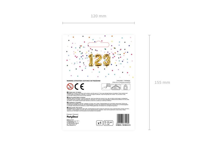 PartyDeco, balon foliowy, w kształcie cyfry 0,złoty, 35 cm