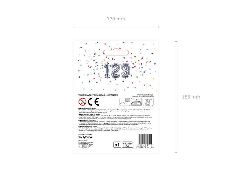 PartyDeco, balon foliowy, w kształcie cyfry 5, 35 cm, srebrny
