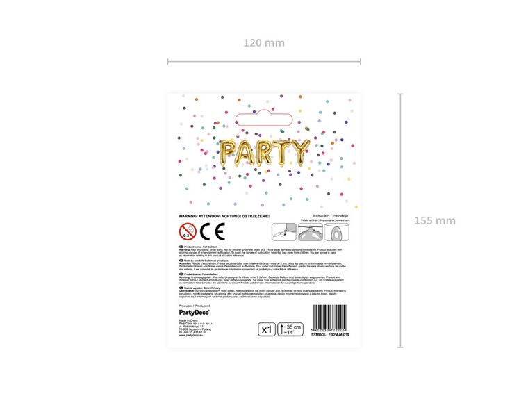 PartyDeco, balon foliowy, w kształcie litery M, złoty, 35 cm