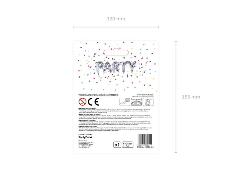 PartyDeco, balon foliowy, w kształcie litery S, srebrny, 35 cm