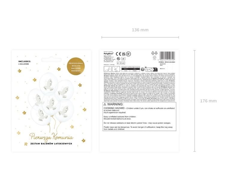 PartyDeco, balon, gołąb, crystal clear, 30 cm, 6 szt.