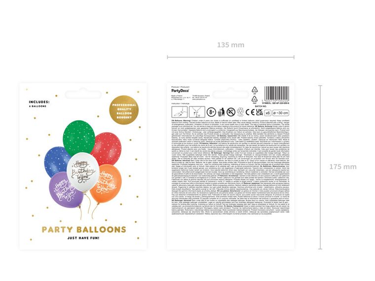 PartyDeco, balony 30 cm, Happy Birthday To You, mix, 6 szt.