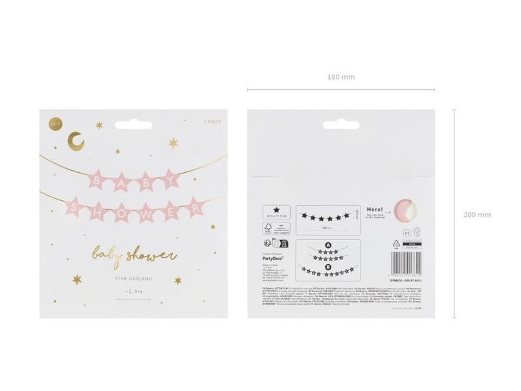 PartyDeco, baner, baby shower, różowy, 290-16,5 cm