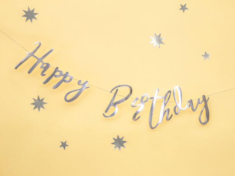 PartyDeco, baner Happy Birthday, srebrny, 16,5-62 cm