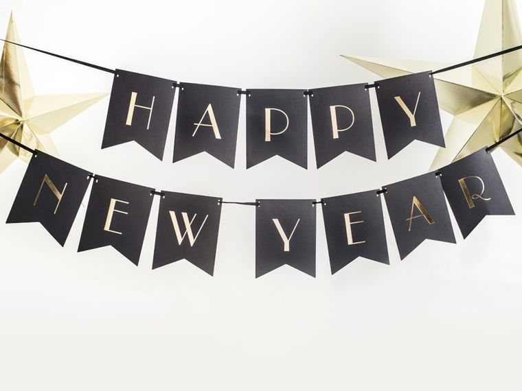 PartyDeco, baner Happy New Year, czarny, 15-170 cm
