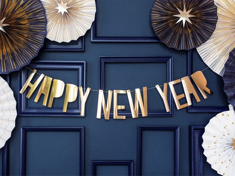 PartyDeco, baner Happy New Year, złoty, 10-90 cm