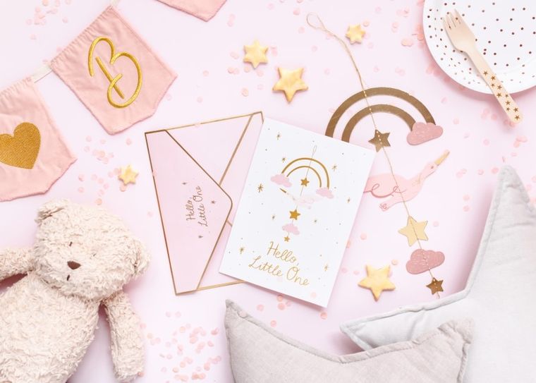 PartyDeco, Bocian, kartka z kopertą, jasny różowy, 14-20 cm