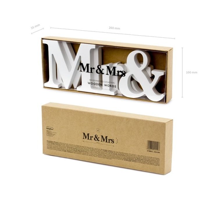 PartyDeco, drewniany napis Mr & Mrs, biały, 50-9,5 cm
