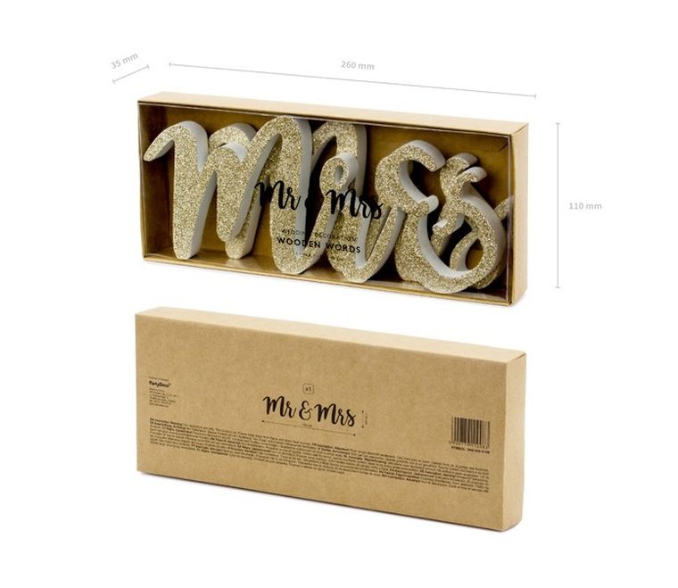 PartyDeco, drewniany napis Mr & Mrs, złoty