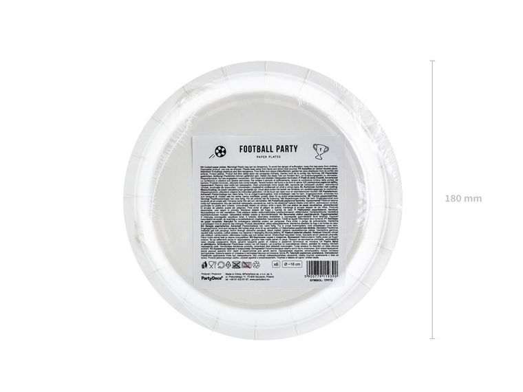 PartyDeco, Football Party, talerzyki papierowe, piłka nożna, biało-czarne, 18 cm, 6 szt.