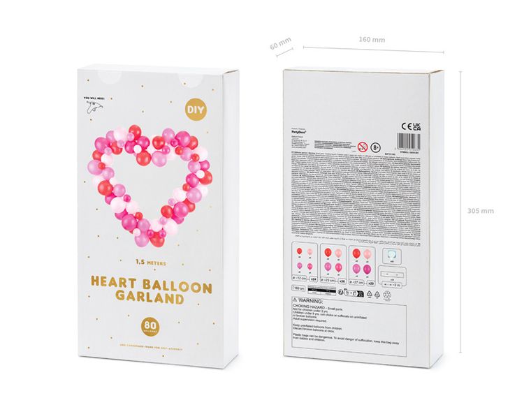 PartyDeco, girlanda balonowa ze stelażem Serce, różowy, 160 cm, 1 szt.