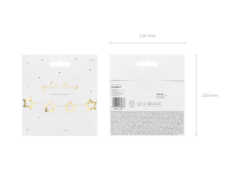 PartyDeco, girlanda papierowa, Gwiazdki, złoty, 3 m
