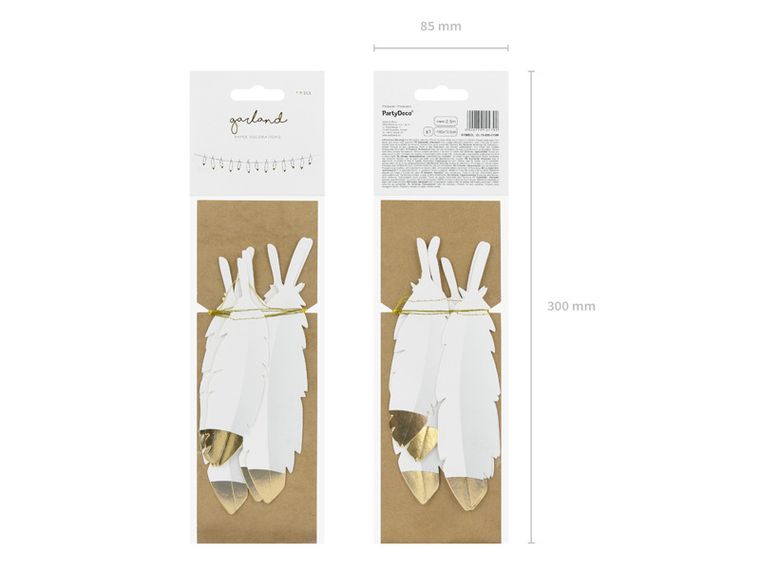 PartyDeco, girlanda Piórka, biały, 1,6m