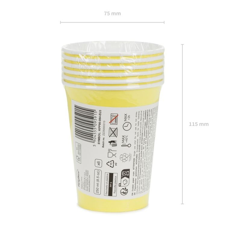 PartyDeco, kubeczki papierowe, żółty, 250 ml, 6 szt.