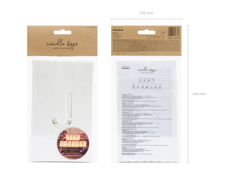 PartyDeco, lampiony, torebki na świece-Just Married, dekoracja wesela, 11 szt.