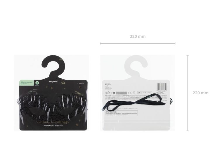 PartyDeco, maska karnawałowa, koronkowa, czarna, 21-8 cm