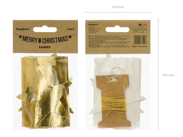 PartyDeco, Merry Xmas, świąteczny baner, biały, złoty, 10,5-150 cm